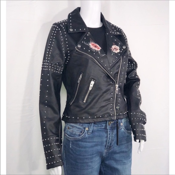 Blank NYC Black Stud Floral Vegan Leather Moto SzS - Picture 2 of 15